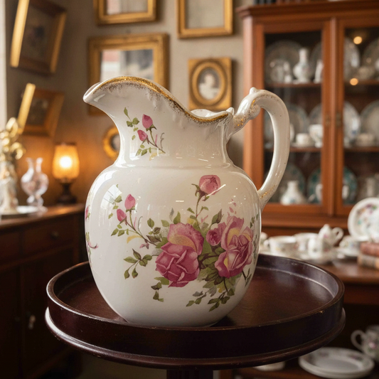 A white ceramic pitcher with pink rose floral patterns and gold trim, displayed on a dark round wooden stand in front of a gray metal shutter.