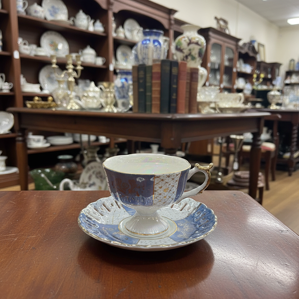 A blue and white patterned porcelain teacup and saucer with gold trim, set on a wooden table inside a shop filled with vintage tableware and books.