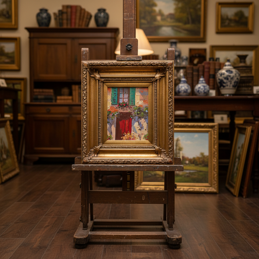 Original Oil Painting Flowered French Doorway
