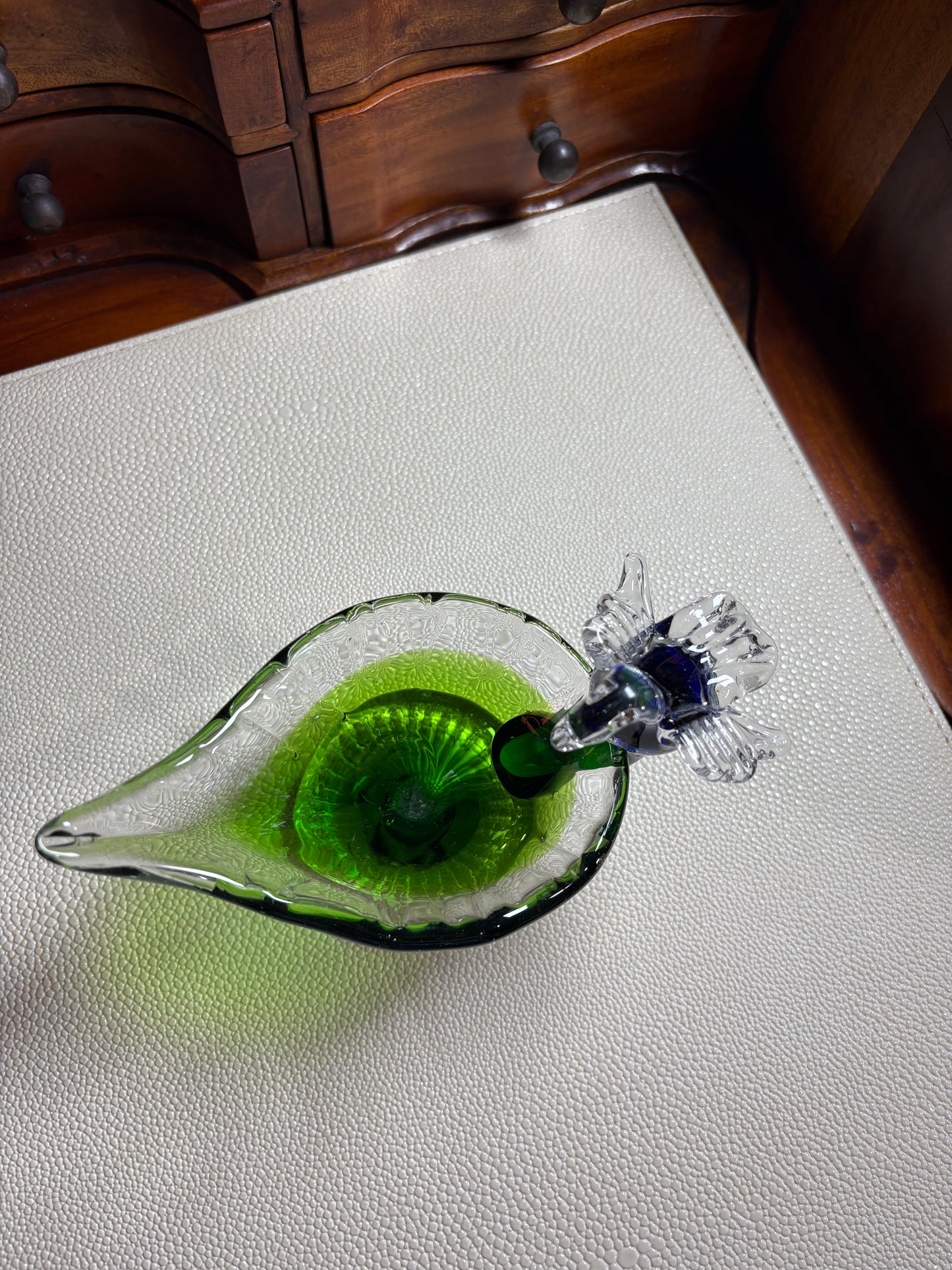 Murano-Style Green Art Glass Bird Dish