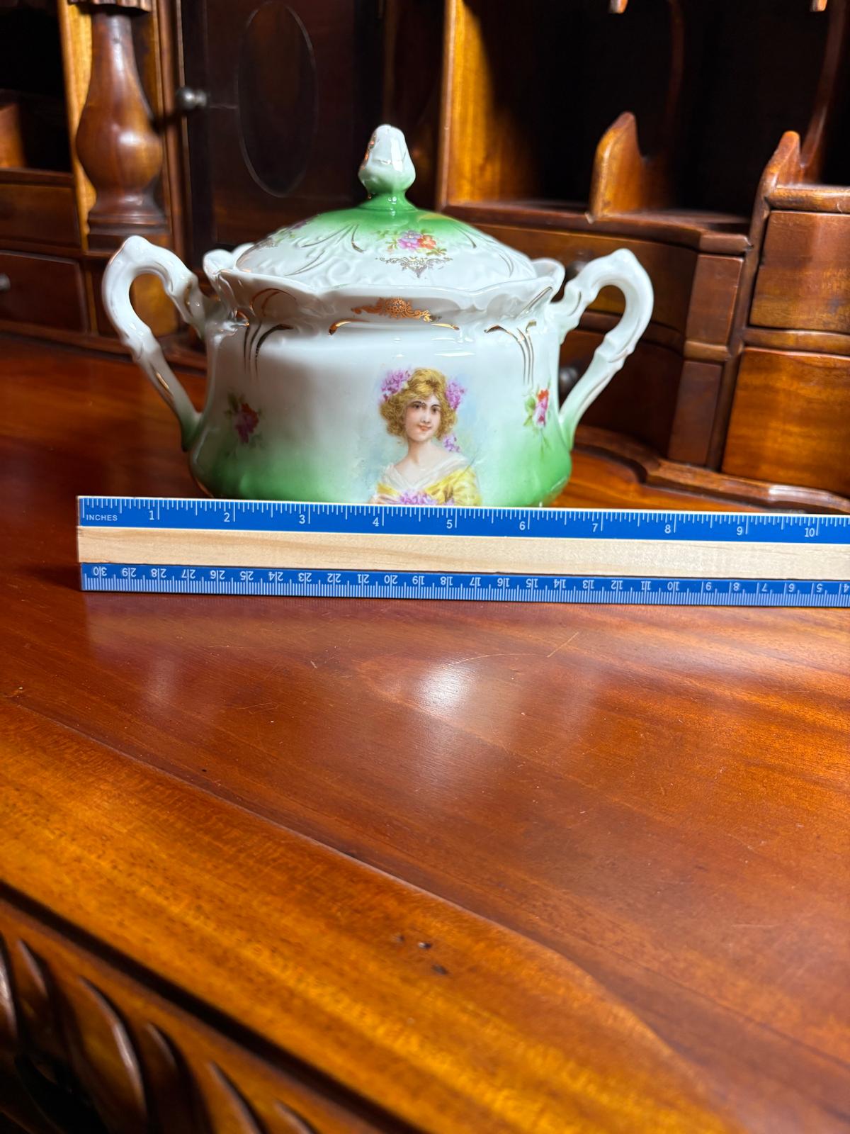 Antique German Portrait Sugar Bowl