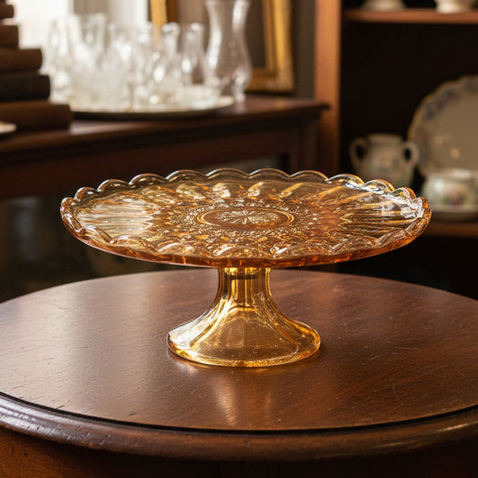 An amber glass pedestal plate with a scalloped rim and a clear base, displayed on draped gray fabric.