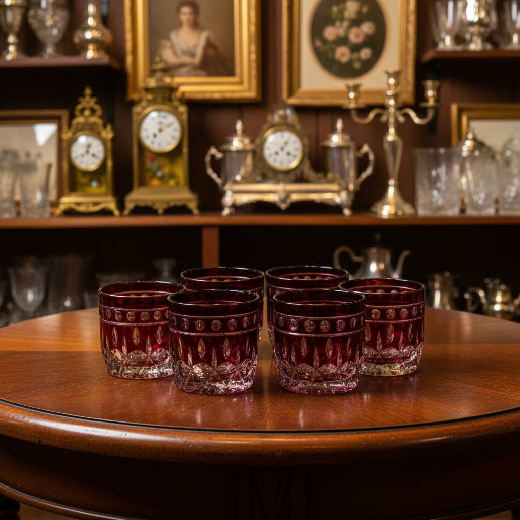 Six small dark red cut-glass tumblers arranged in a cluster on a draped light gray fabric background.