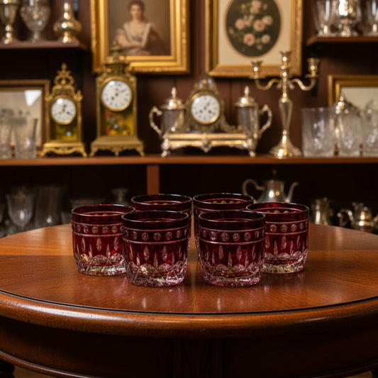 Six small dark red cut-glass tumblers arranged in a cluster on a draped light gray fabric background.