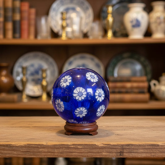 A decorative glass ball with a cobalt blue base and white floral patterns, resting on a draped gray fabric background.
