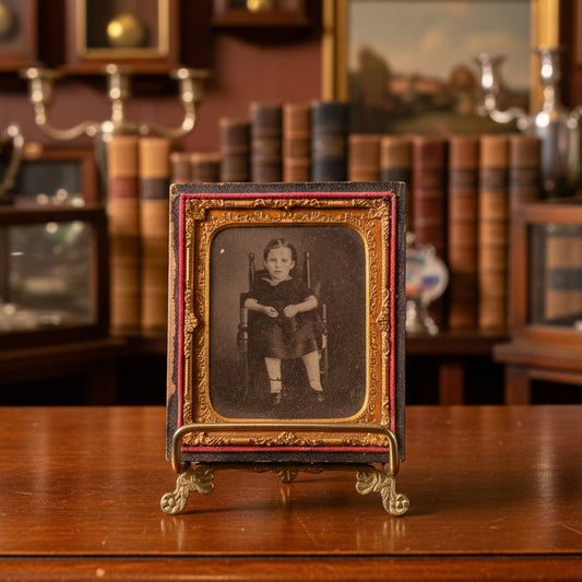 An antique rectangular cabinet card or miniature portrait frame with a colorful border, holding a vintage portrait of a seated child, displayed on a small stand against a dark gray fabric backdrop.