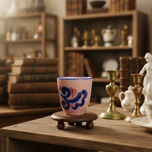 A small pink textured ceramic cup with a blue rim and blue swirl pattern, set against a draped gray fabric background.