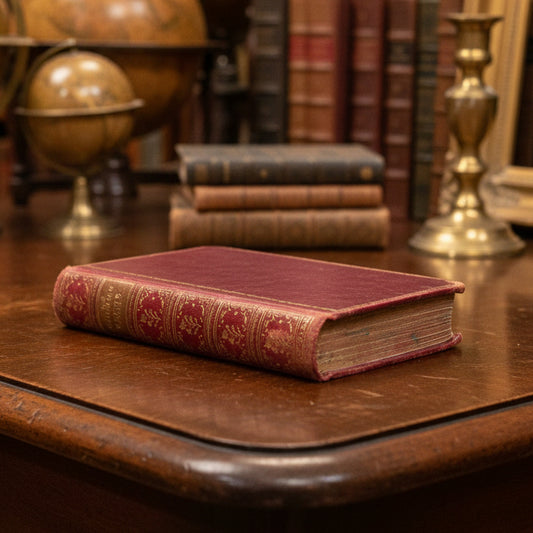 A small vintage hardcover book with a deep magenta-pink cover and gold decorative tooling on the spine, resting on a draped dark gray fabric background.