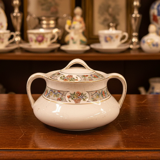 A light pink ceramic lidded sugar bowl with two side handles and a floral pattern band, set against a dark green draped fabric background.