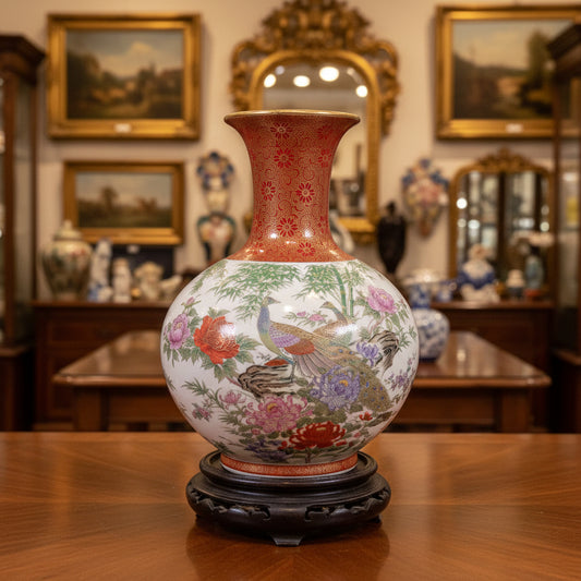 A decorative ceramic vase with a glossy red neck and a round body decorated with a multicolor hand-painted landscape scene featuring peacocks, set against a dark draped fabric background.