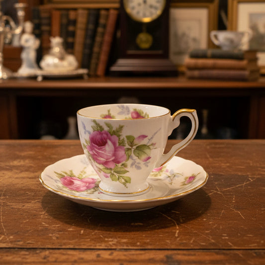 A vintage floral porcelain teacup and saucer set with pink roses and green leaves, accented with gold trim, displayed on a dark green fabric background.