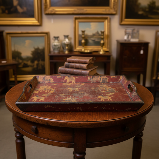 A rectangular vintage-style serving tray with cutout handles, featuring a distressed red and gold animal pattern, displayed on draped green fabric.