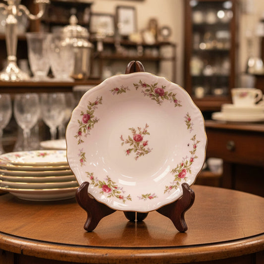 A small pink ceramic plate with a delicate floral pattern, photographed on a draped dark gray fabric background.