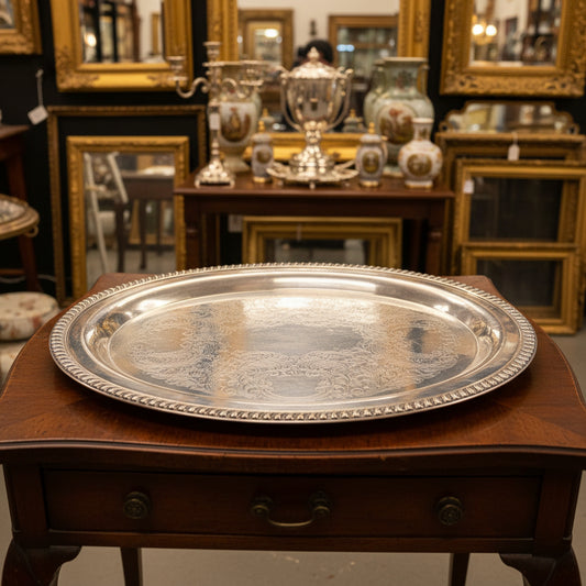 A round silver serving platter with a decorative beaded rim, displayed on draped green fabric.