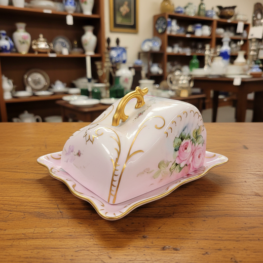 A pink porcelain butter dish with a matching lid, decorated with gold scrollwork, a gold handle, and floral accents, set against a dark green fabric backdrop.