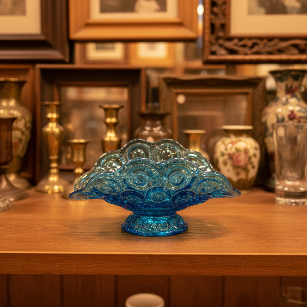 A small translucent blue glass bowl with a scalloped, embossed pattern, resting on a draped gray fabric background.