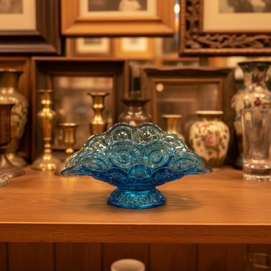 A small translucent blue glass bowl with a scalloped, embossed pattern, resting on a draped gray fabric background.