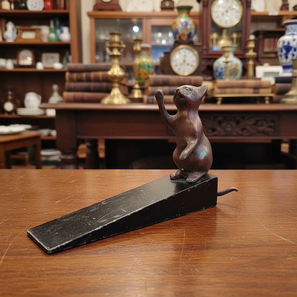 A small metallic pink cat figurine standing on a black rectangular base, photographed against draped gray fabric.