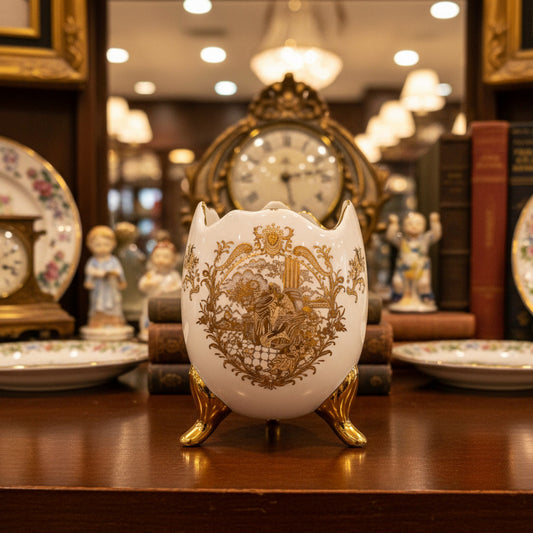 A small white porcelain egg-shaped holder with gold ornamental detailing and a gold footed stand, set against a draped dark green fabric background.
