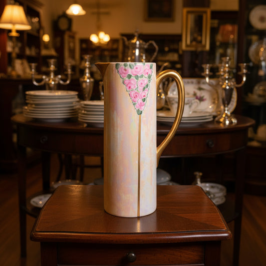 A tall ceramic pitcher with a pale pink and white marbled body, a pink floral pattern near the top, and a metallic gold handle and spout, set against a dark draped fabric background.