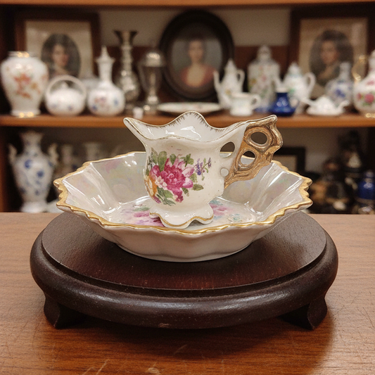 A vintage porcelain cup and saucer set with a pink floral design and gold trim, displayed on a draped dark green fabric background.