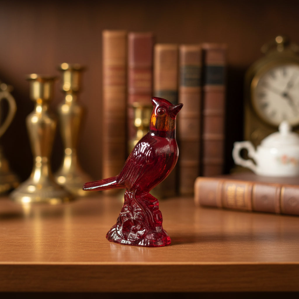 A small red cardinal figurine with a glossy, translucent red body and a brown head, standing on a matching red textured base, set against a draped gray fabric backdrop.