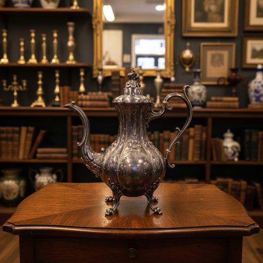 An ornate silver-colored metal teapot or coffee pot with a lid, curved spout, and decorative handle, displayed on draped dark green fabric.