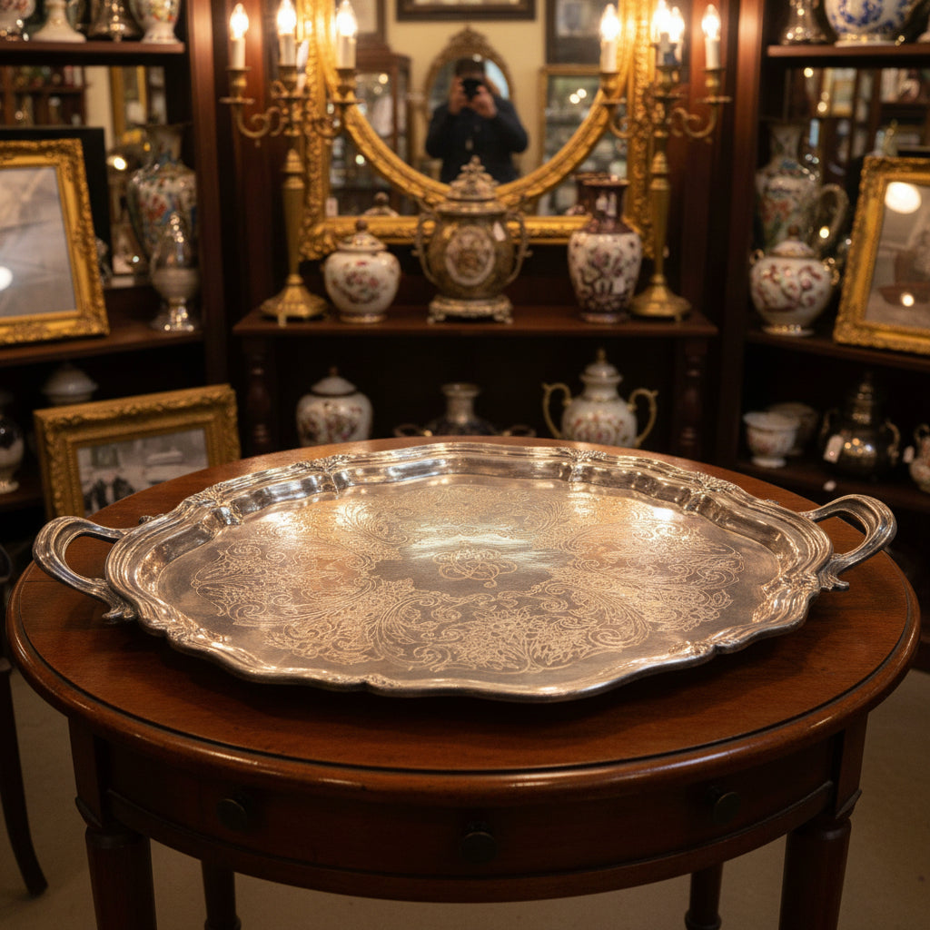 A large oval silver serving tray with decorative embossed floral patterns and side handles, displayed on a white folding table draped with a green fabric backdrop in a cluttered indoor setting.
