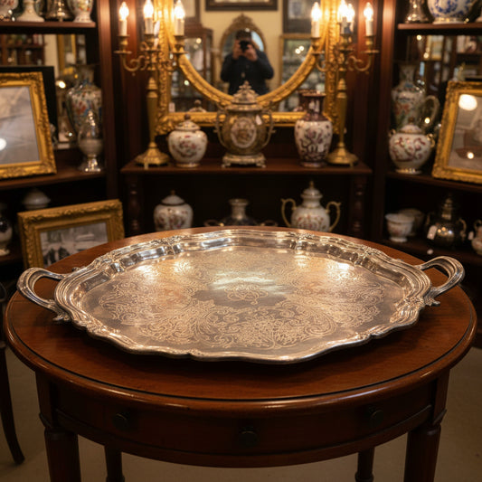 A large oval silver serving tray with decorative embossed floral patterns and side handles, displayed on a white folding table draped with a green fabric backdrop in a cluttered indoor setting.