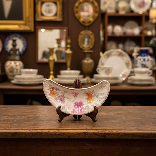 A small curved ceramic dish with a pink and orange floral pattern, resting on a dark gray draped fabric background.