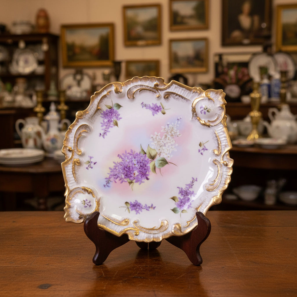 An ornate, scalloped porcelain plate with purple floral patterns and gold trim, displayed on a draped dark gray fabric background.