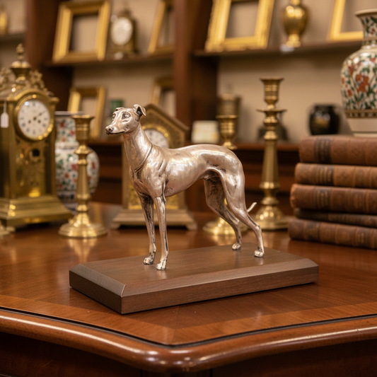 A metallic silver-grey greyhound dog figurine standing on a rectangular dark brown wooden base, set against a draped dark green fabric backdrop.